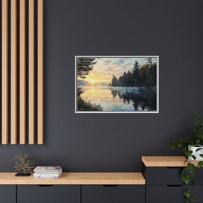 Sunrise Lake Framed Canvas Print — Forest Reflection Wall Art