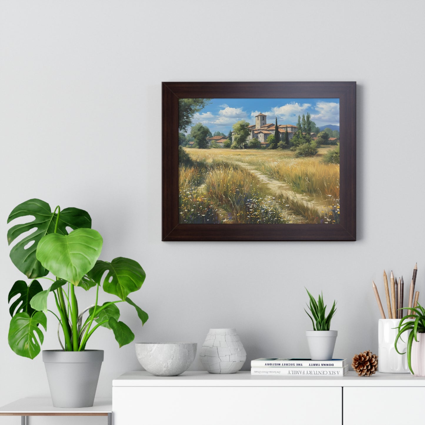Rustic Countryside Landscape Wall Art - Framed Print for Farmhouse & Living Room