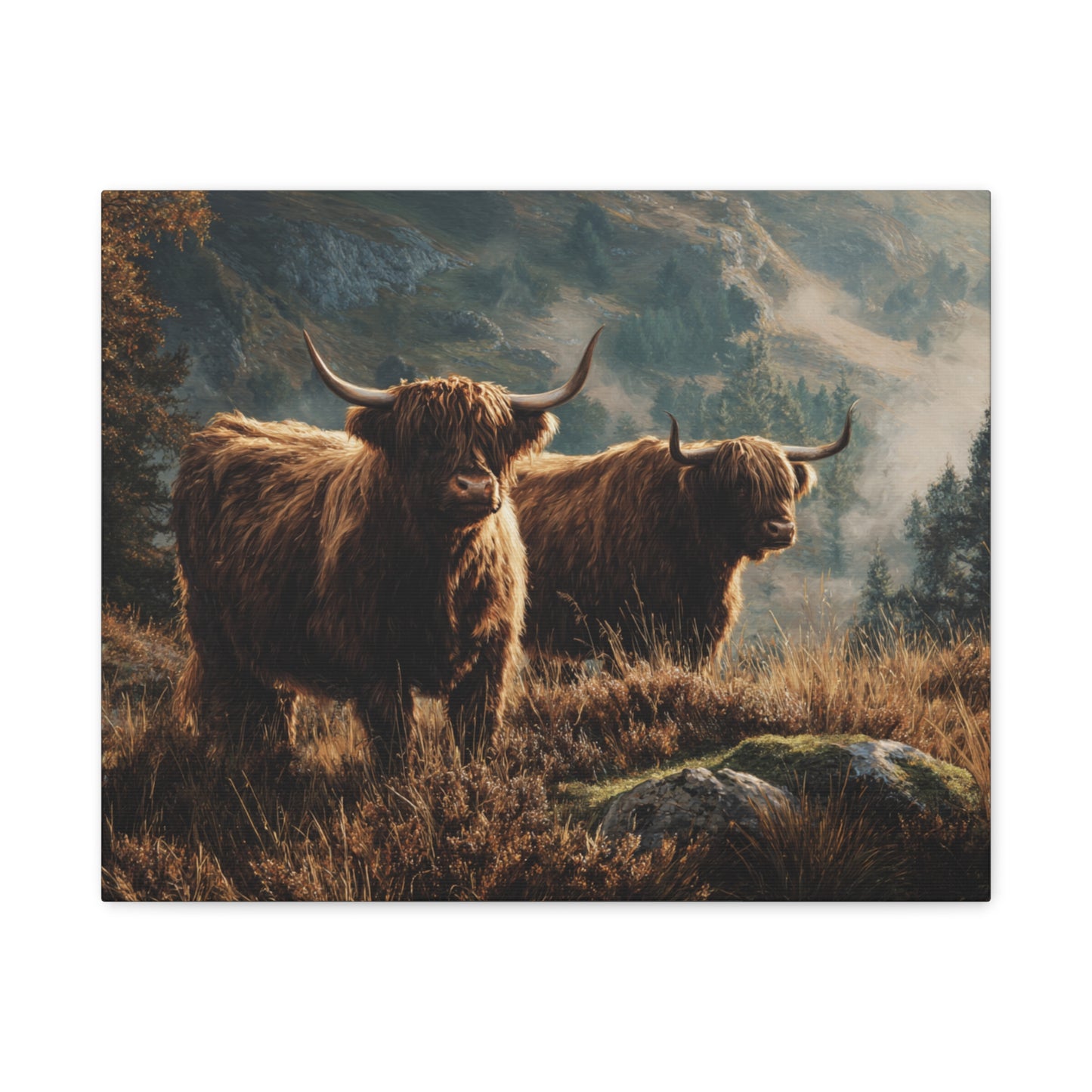 Highland Cow Canvas Print – Rustic Scottish Cattle Landscape Wall Art