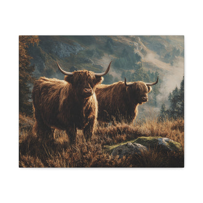 Highland Cow Canvas Print – Rustic Scottish Cattle Landscape Wall Art