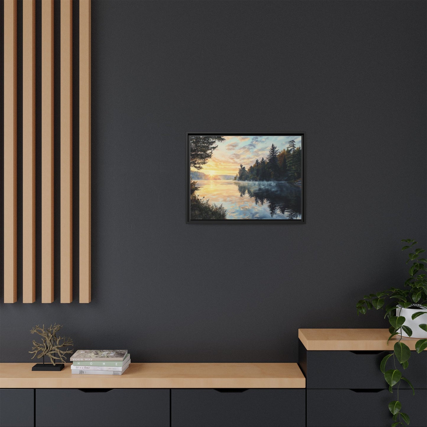 Sunrise Lake Framed Canvas Print — Forest Reflection Wall Art