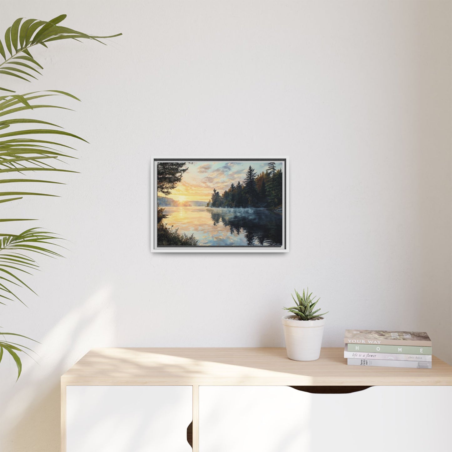 Sunrise Lake Framed Canvas Print — Forest Reflection Wall Art