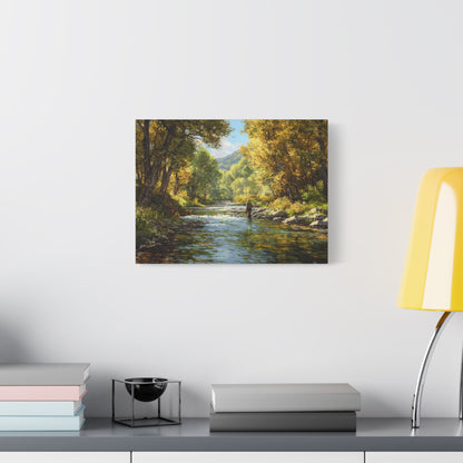 Autumn River Fly Fishing Matte Stretched Canvas