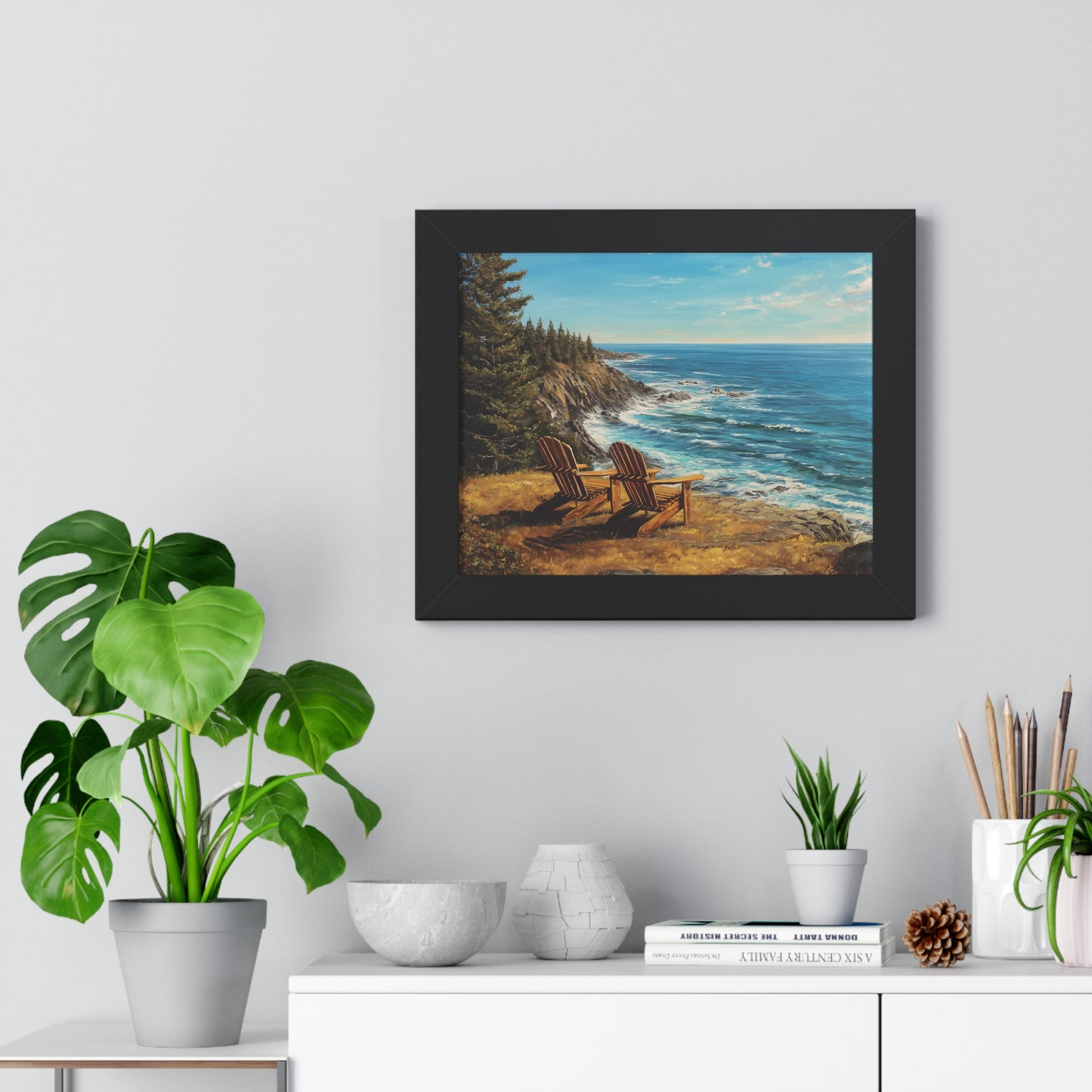 Coastal Clifftop Adirondack Chairs Framed Print — Beach Landscape Wall Art