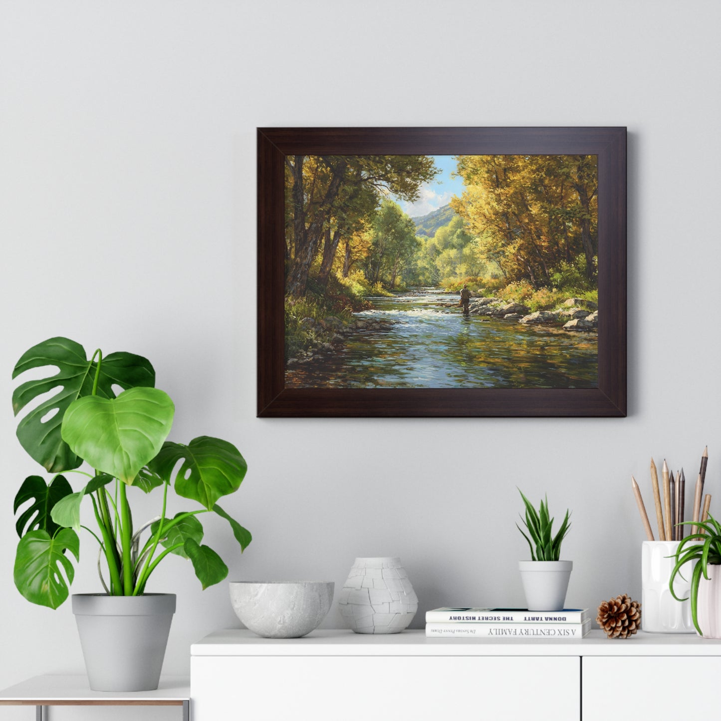 River Fly Fishing Art Print for Cabin & Living Room - Framed Landscape Print