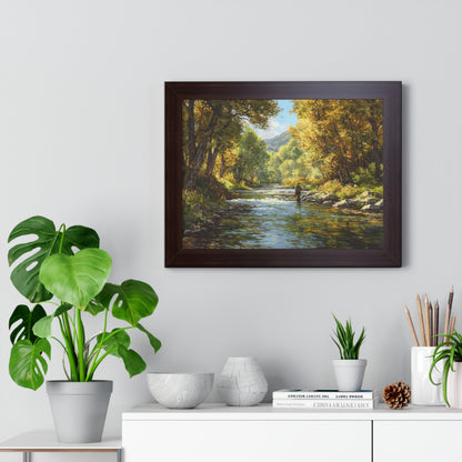 River Fly Fishing Art Print for Cabin & Living Room - Framed Landscape Print