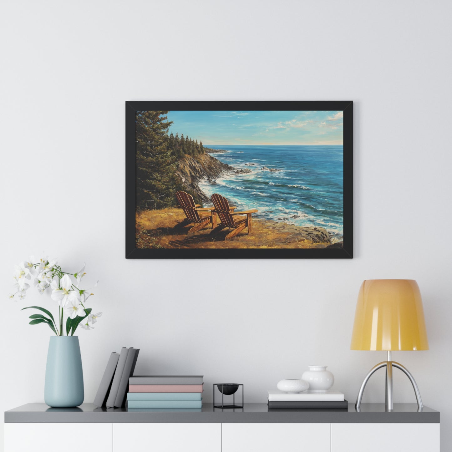 Coastal Clifftop Adirondack Chairs Framed Print — Beach Landscape Wall Art