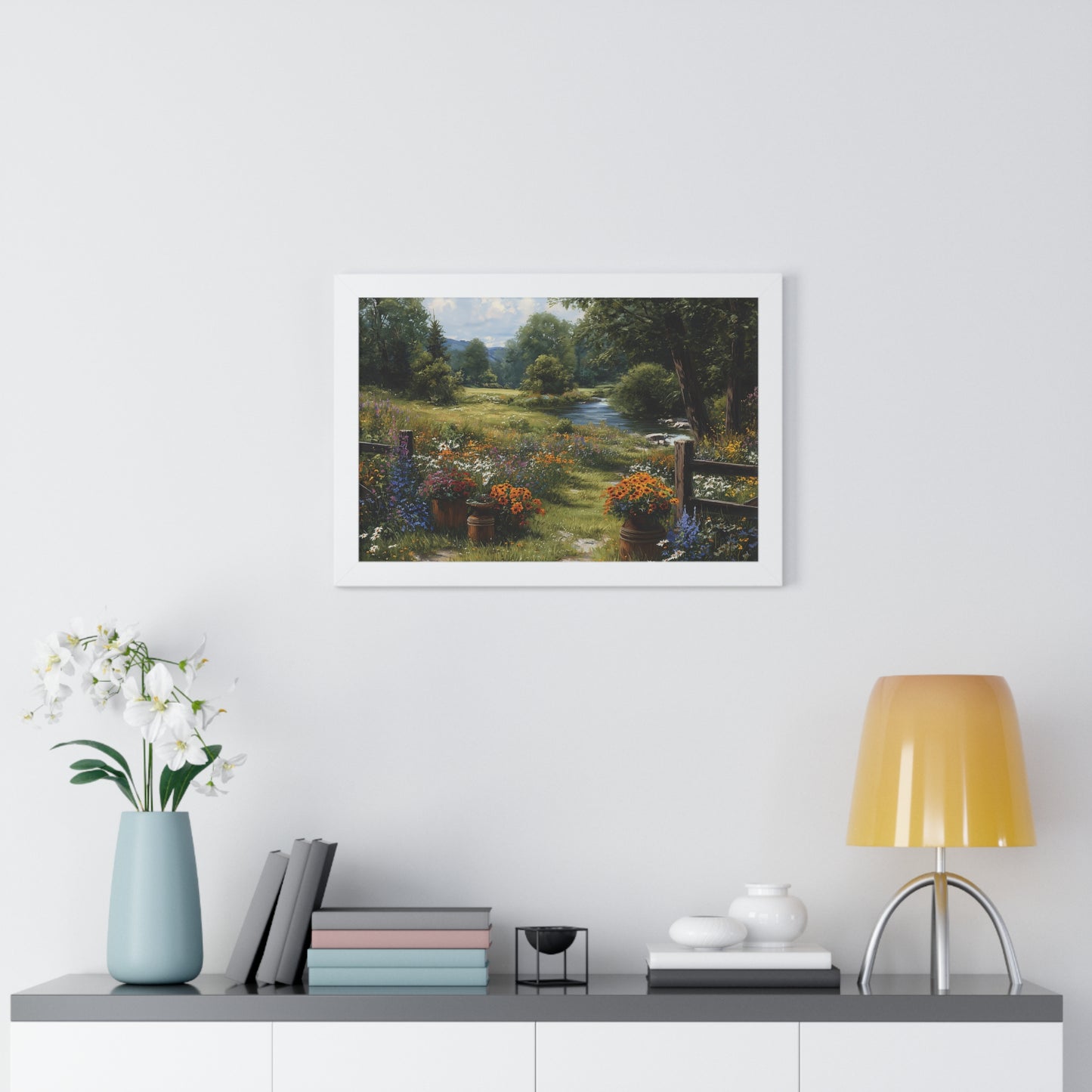 Serene Country Meadow Landscape Print - Framed Print