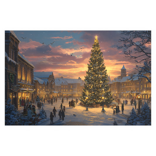 Christmas Town Square Silk Paper Print — Holiday Tree at Sunset