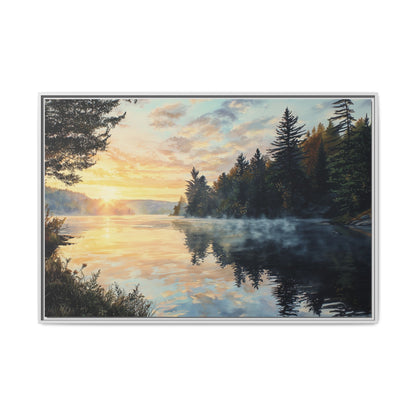 Sunrise Lake Framed Canvas Print — Forest Reflection Wall Art