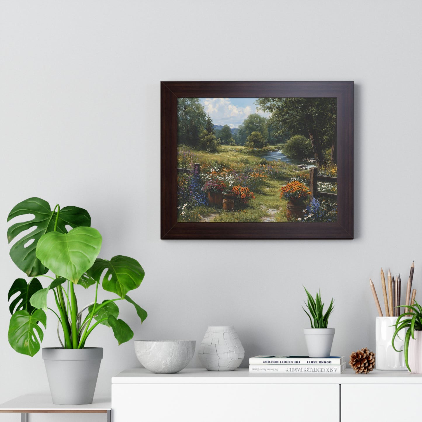 Serene Country Meadow Landscape Print - Framed Print