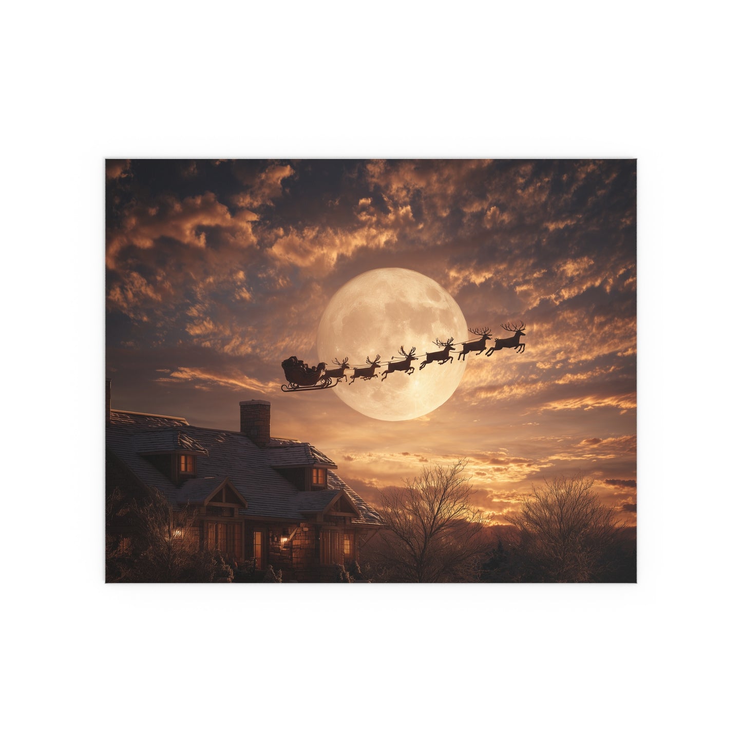 Santa’s Sleigh Over Full Moon Silk Paper Print — Indoor & Outdoor Holiday Wall Art
