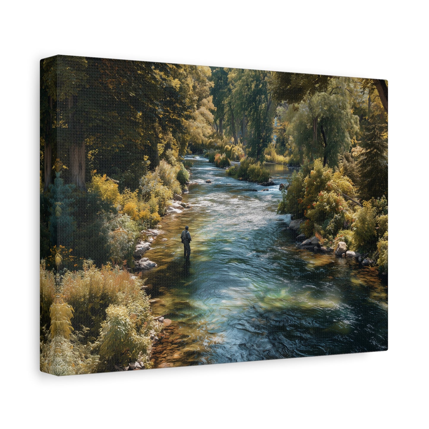 River Fishing Canvas Wall Art — Serene Forest Stream Matte Stretched Print