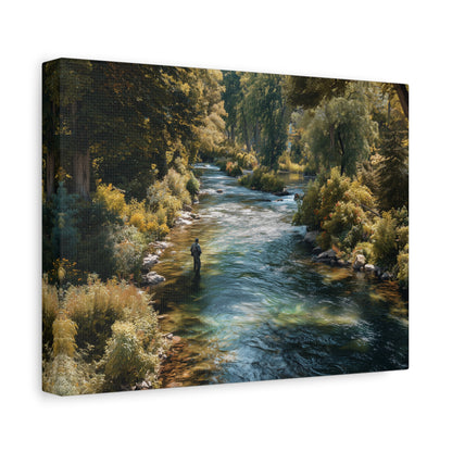 River Fishing Canvas Wall Art — Serene Forest Stream Matte Stretched Print