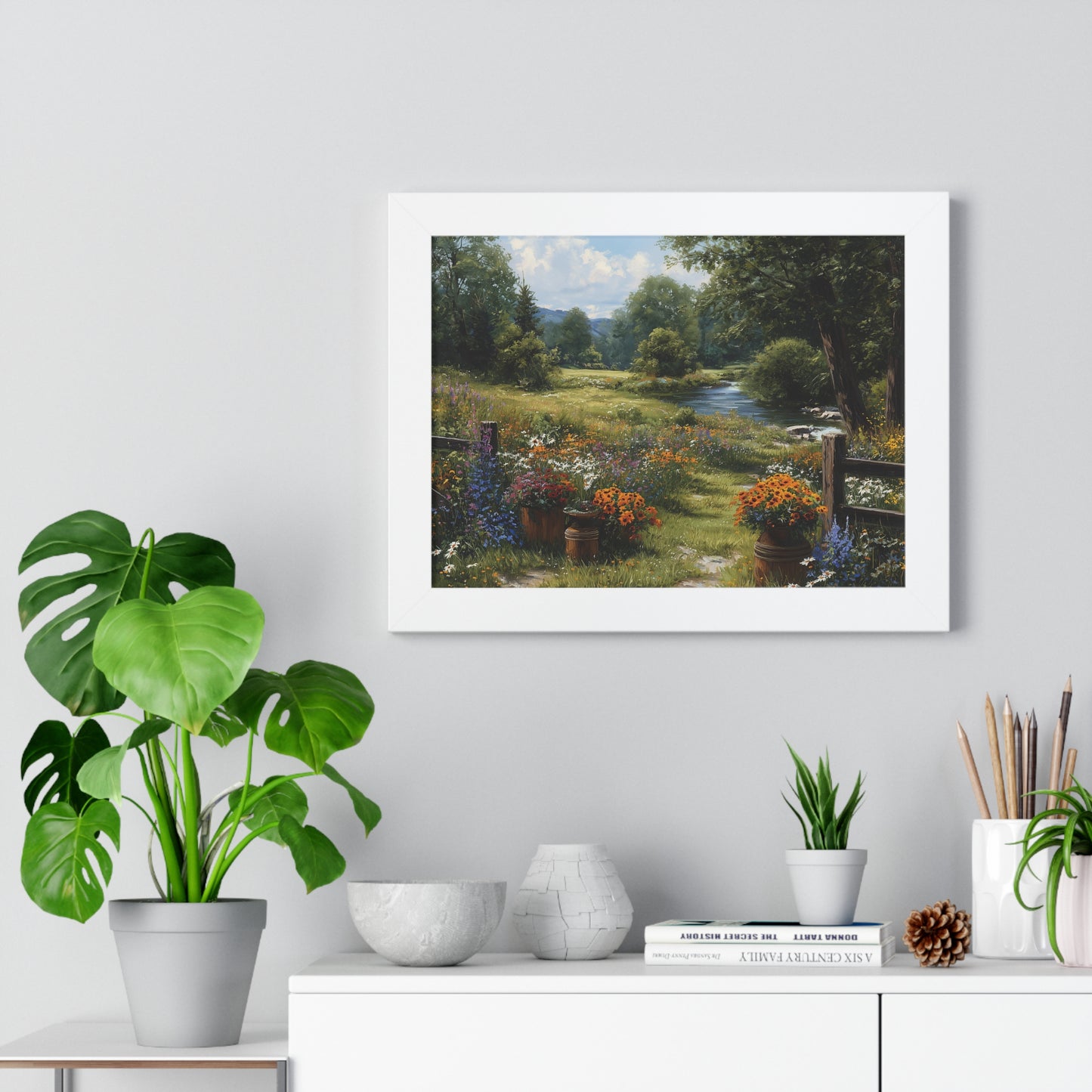 Serene Country Meadow Landscape Print - Framed Print