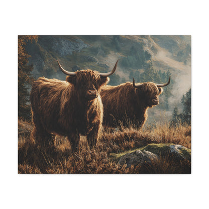 Highland Cow Canvas Print – Rustic Scottish Cattle Landscape Wall Art