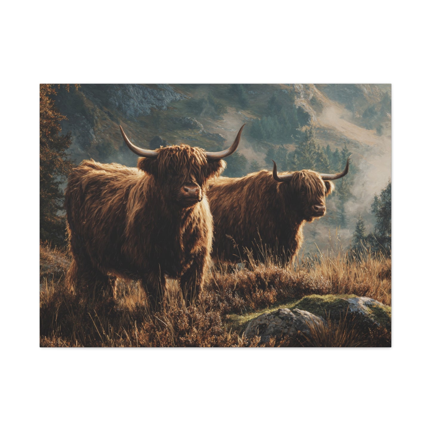 Highland Cow Canvas Print – Rustic Scottish Cattle Landscape Wall Art