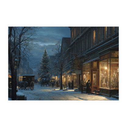 Victorian Christmas Street Silk Paper Print — Snowy Night Holiday Print