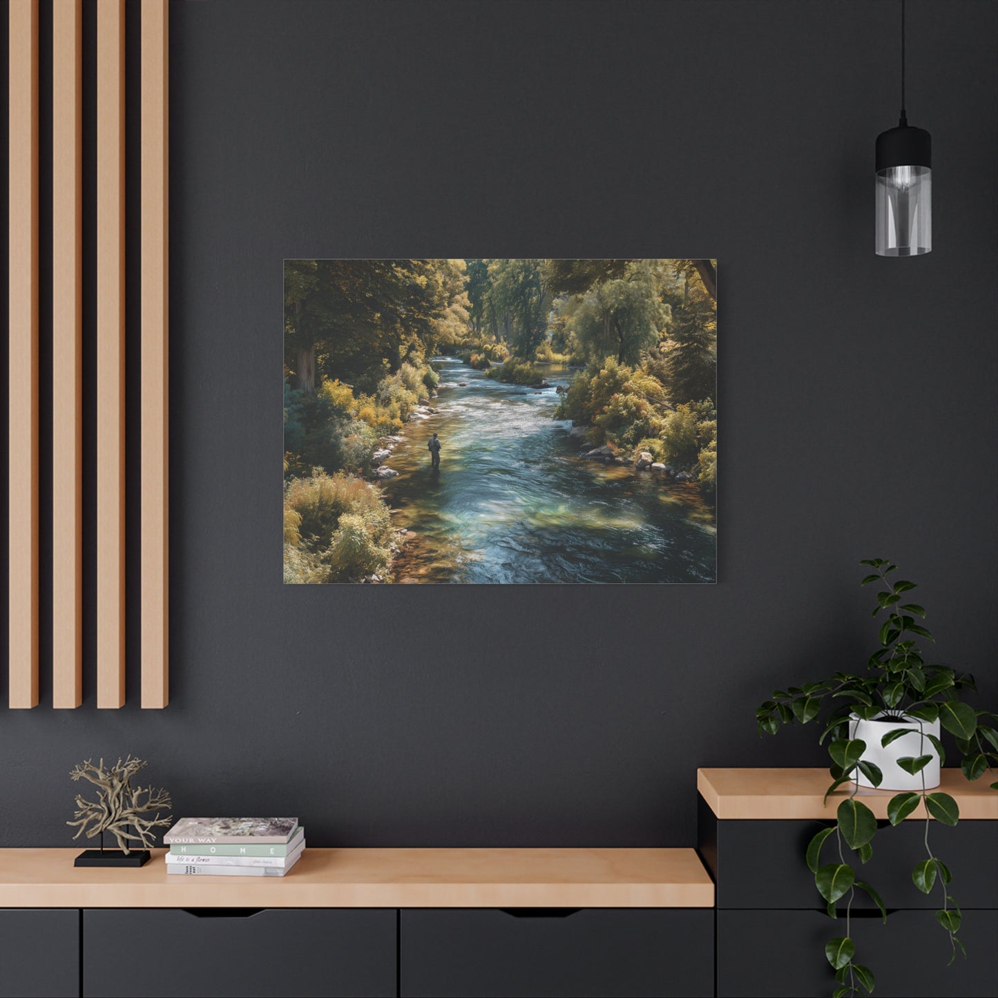 River Fishing Canvas Wall Art — Serene Forest Stream Matte Stretched Print