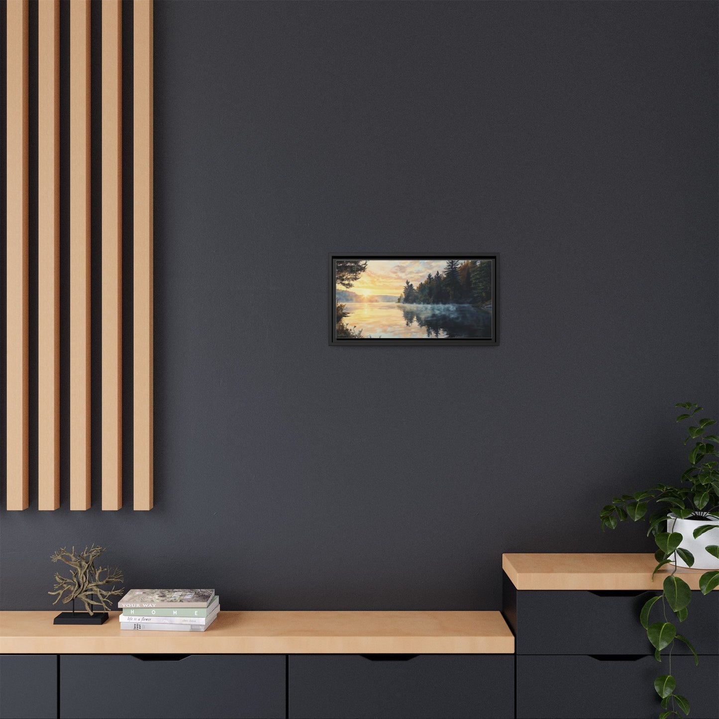 Sunrise Lake Framed Canvas Print — Forest Reflection Wall Art