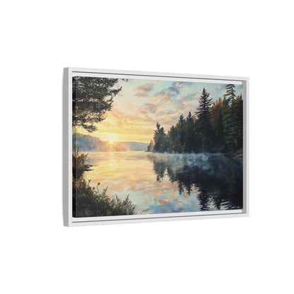 Sunrise Lake Framed Canvas Print — Forest Reflection Wall Art