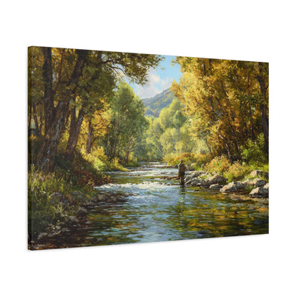 Autumn River Fly Fishing Matte Stretched Canvas