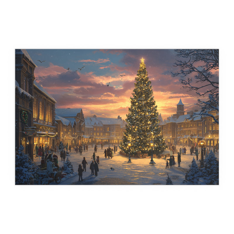 Christmas Town Square Silk Paper Print — Holiday Tree at Sunset