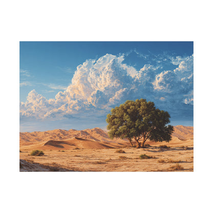 Desert Solitude Canvas Print — Lone Tree in Golden Dunes Matte Stretched Wall Art