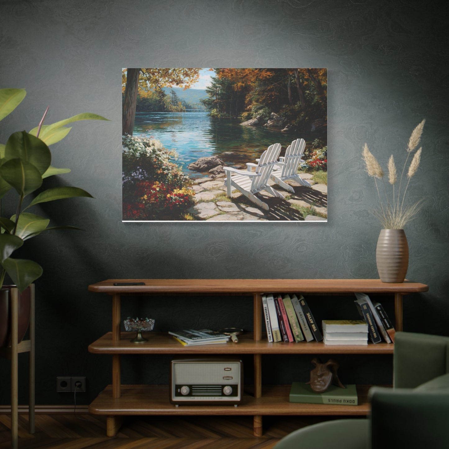 Canvas Print - Lakeside Adirondack Chairs Scenic Wall Art (Matte Stretched)