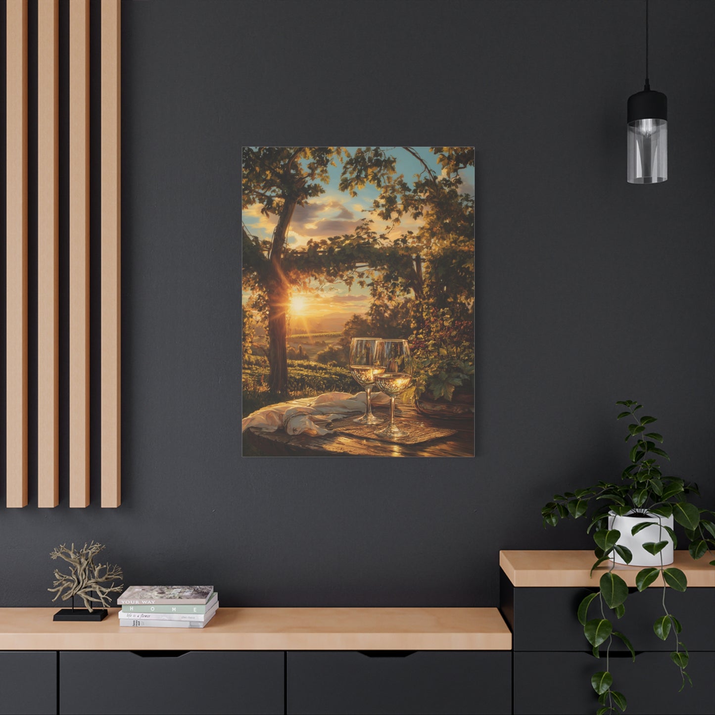 Sunset Vineyard Canvas Wall Art – Wineglass Landscape Matte Stretched Print