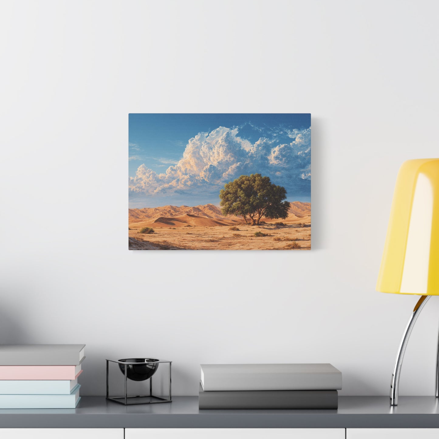 Desert Solitude Canvas Print — Lone Tree in Golden Dunes Matte Stretched Wall Art