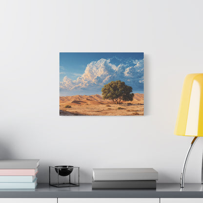 Desert Solitude Canvas Print — Lone Tree in Golden Dunes Matte Stretched Wall Art