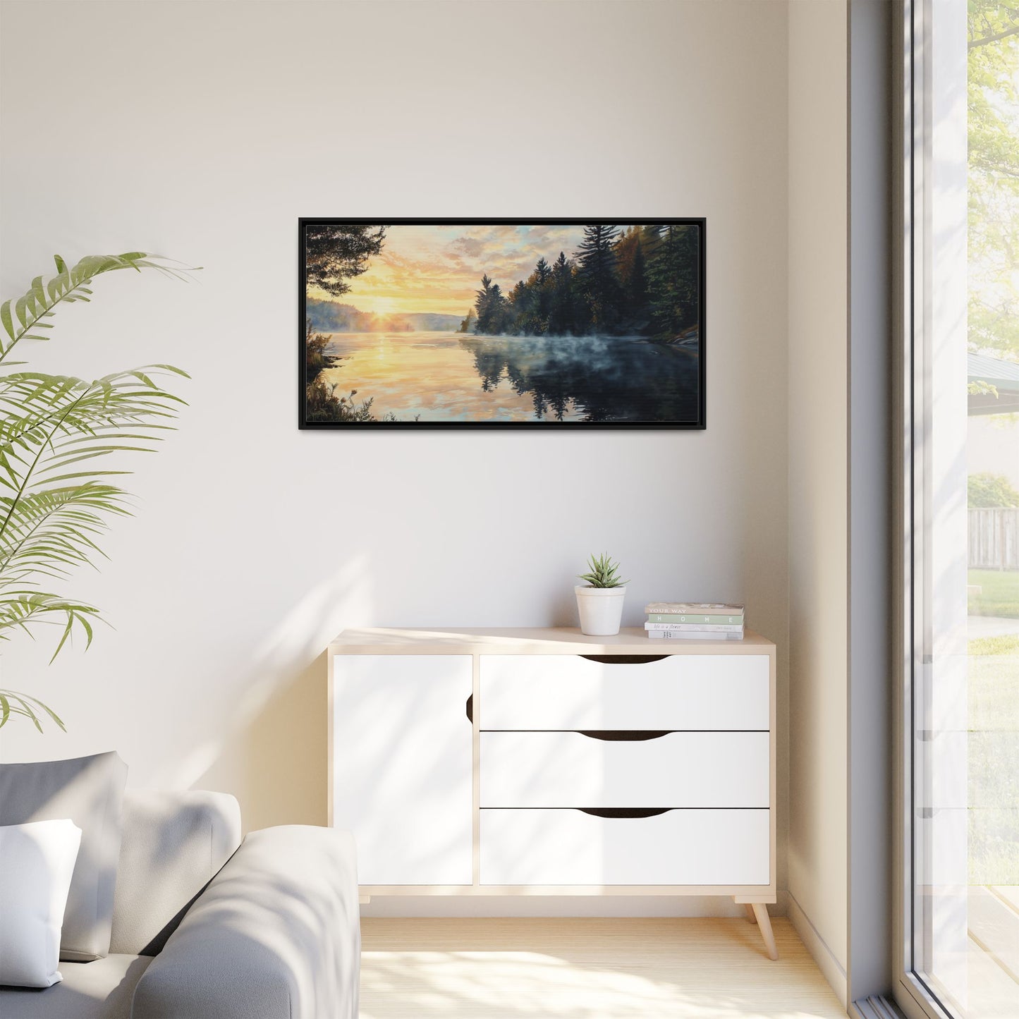 Sunrise Lake Framed Canvas Print — Forest Reflection Wall Art