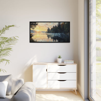 Sunrise Lake Framed Canvas Print — Forest Reflection Wall Art