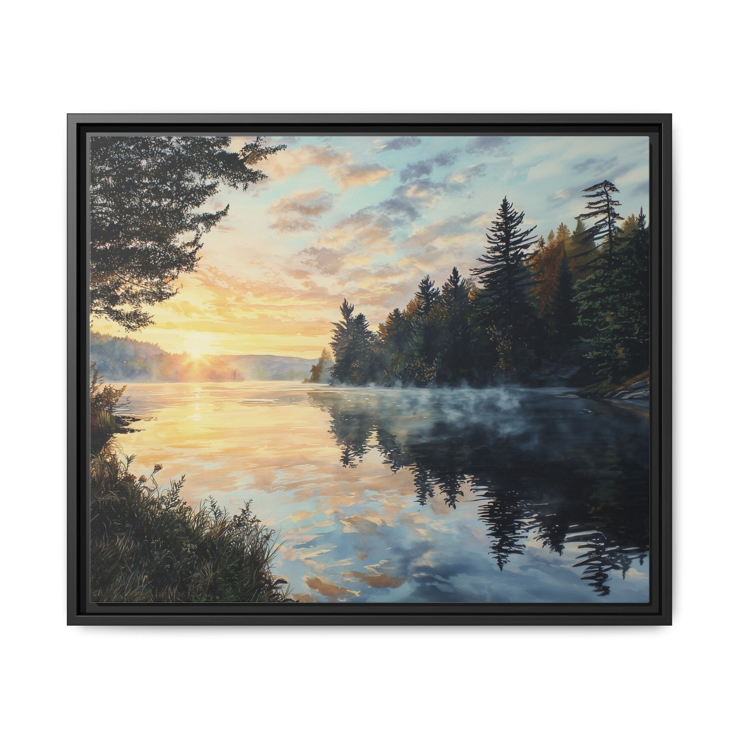 Sunrise Lake Framed Canvas Print — Forest Reflection Wall Art