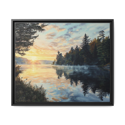 Sunrise Lake Framed Canvas Print — Forest Reflection Wall Art