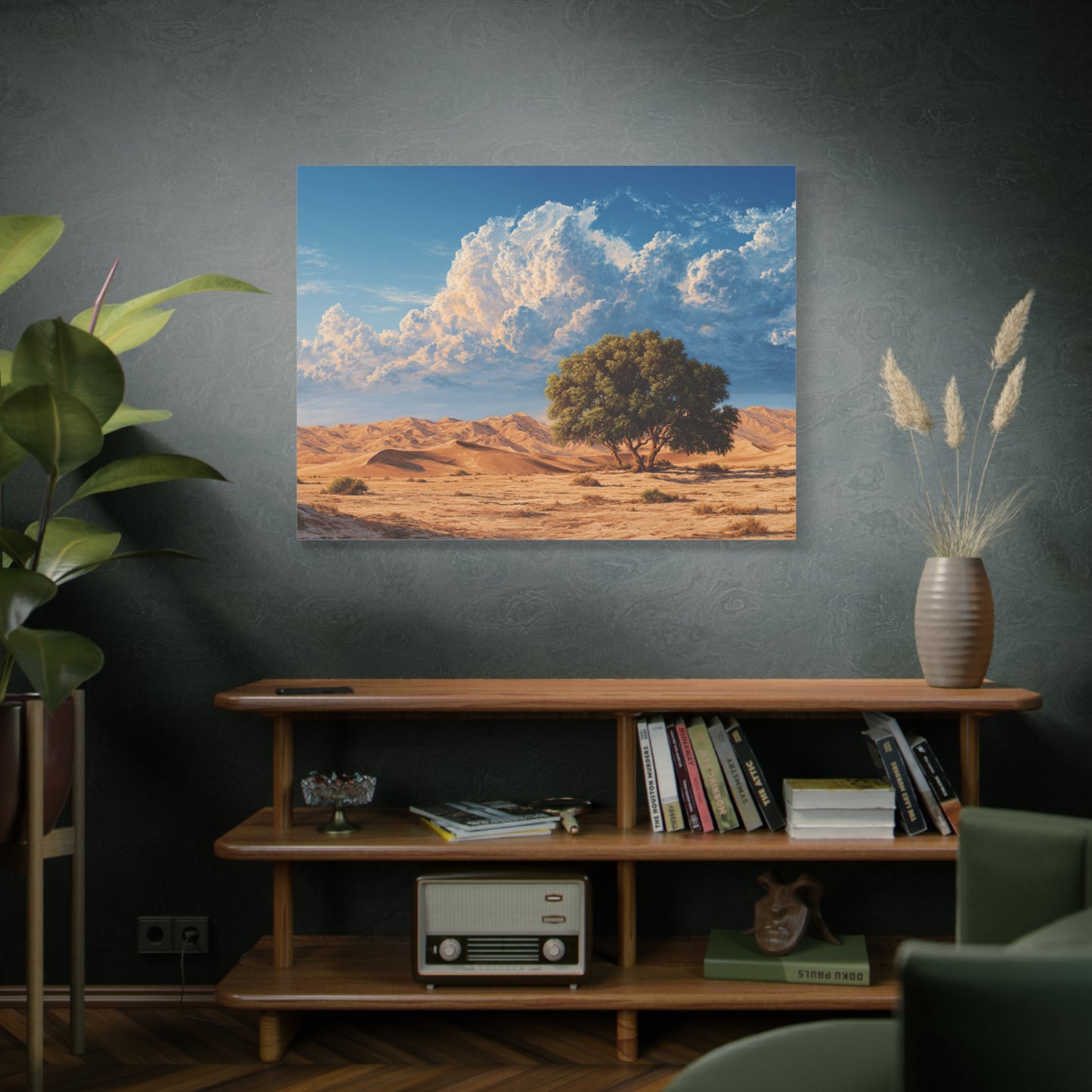 Desert Solitude Canvas Print — Lone Tree in Golden Dunes Matte Stretched Wall Art