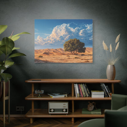 Desert Solitude Canvas Print — Lone Tree in Golden Dunes Matte Stretched Wall Art