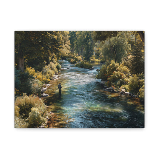 River Fishing Canvas Wall Art — Serene Forest Stream Matte Stretched Print
