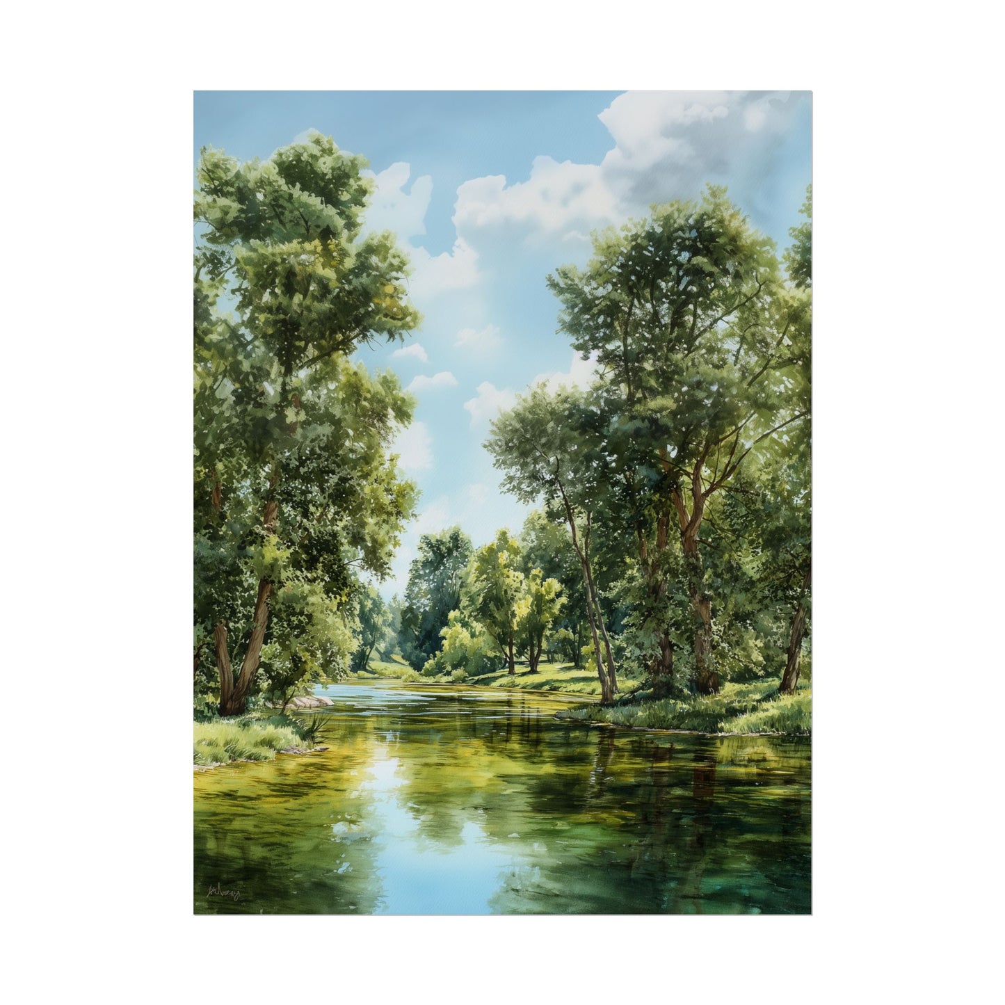 Forest River Landscape Print — Serene Nature Wall Art, Tranquil Greenery