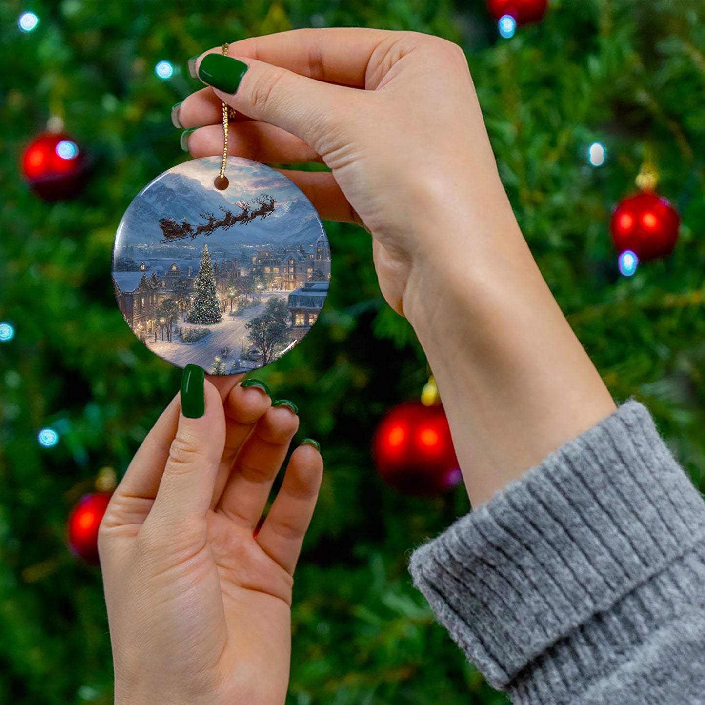 Star Ceramic Ornament – Santa Over Snowy Village Christmas Tree Holiday Decoration