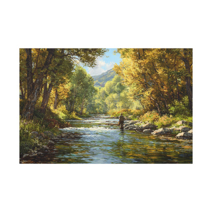 Autumn River Fly Fishing Matte Stretched Canvas