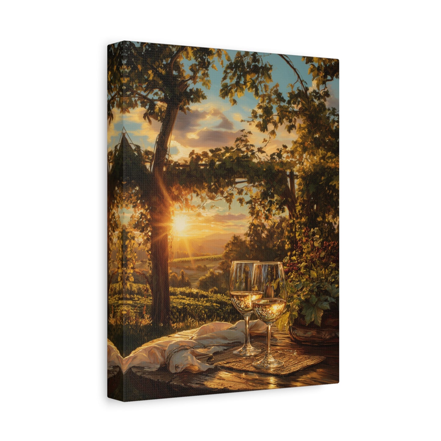 Sunset Vineyard Canvas Wall Art – Wineglass Landscape Matte Stretched Print