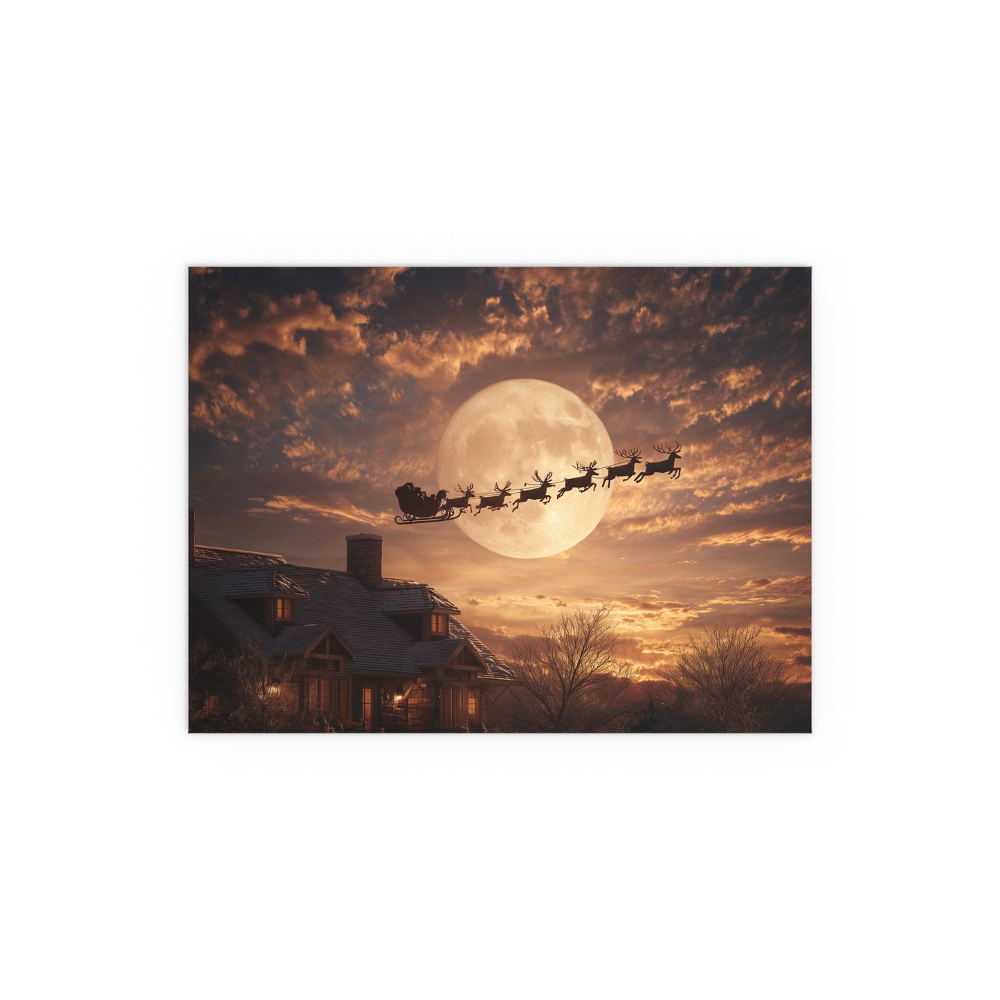 Santa’s Sleigh Over Full Moon Silk Paper Print — Indoor & Outdoor Holiday Wall Art