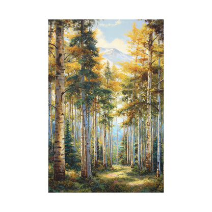 Aspen Forest Path Vertical Canvas Print — Serene Woodland Wall Art