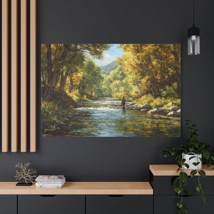 Autumn River Fly Fishing Matte Stretched Canvas