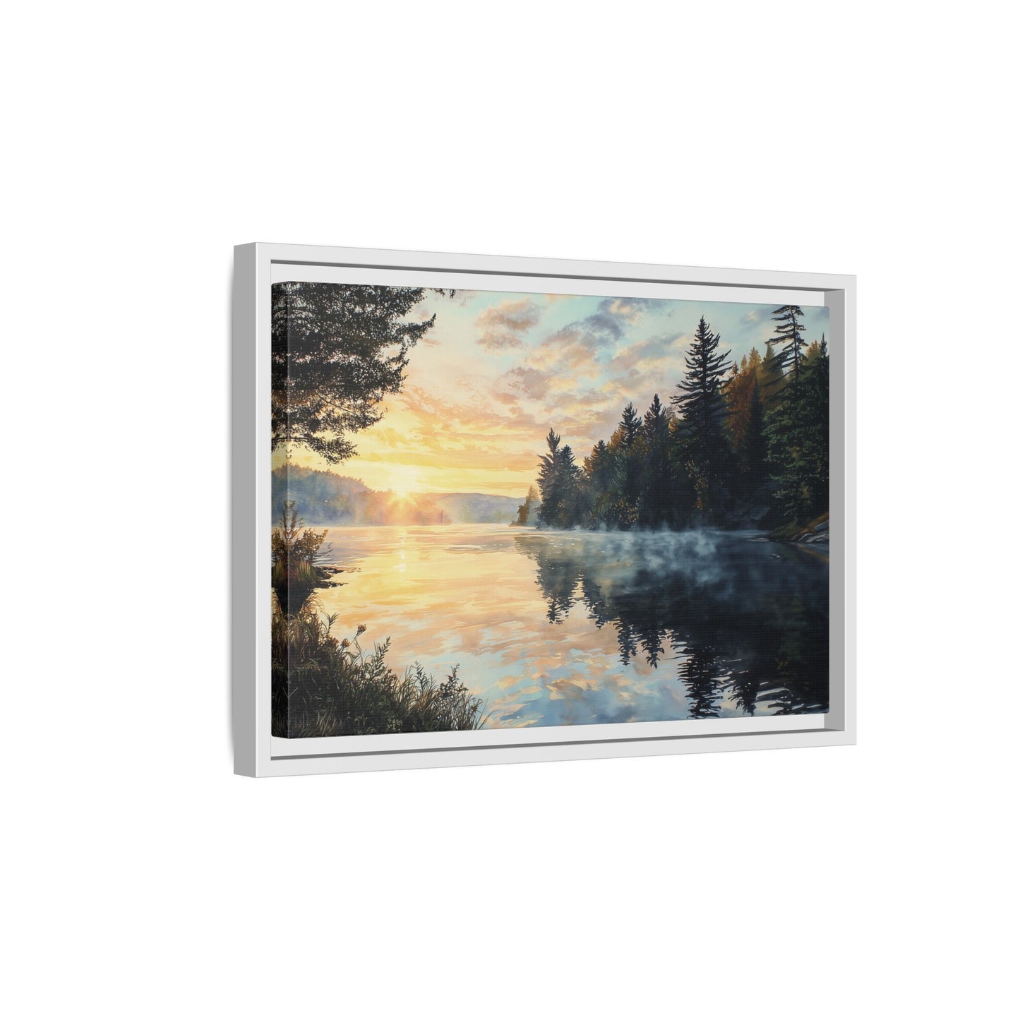 Sunrise Lake Framed Canvas Print — Forest Reflection Wall Art
