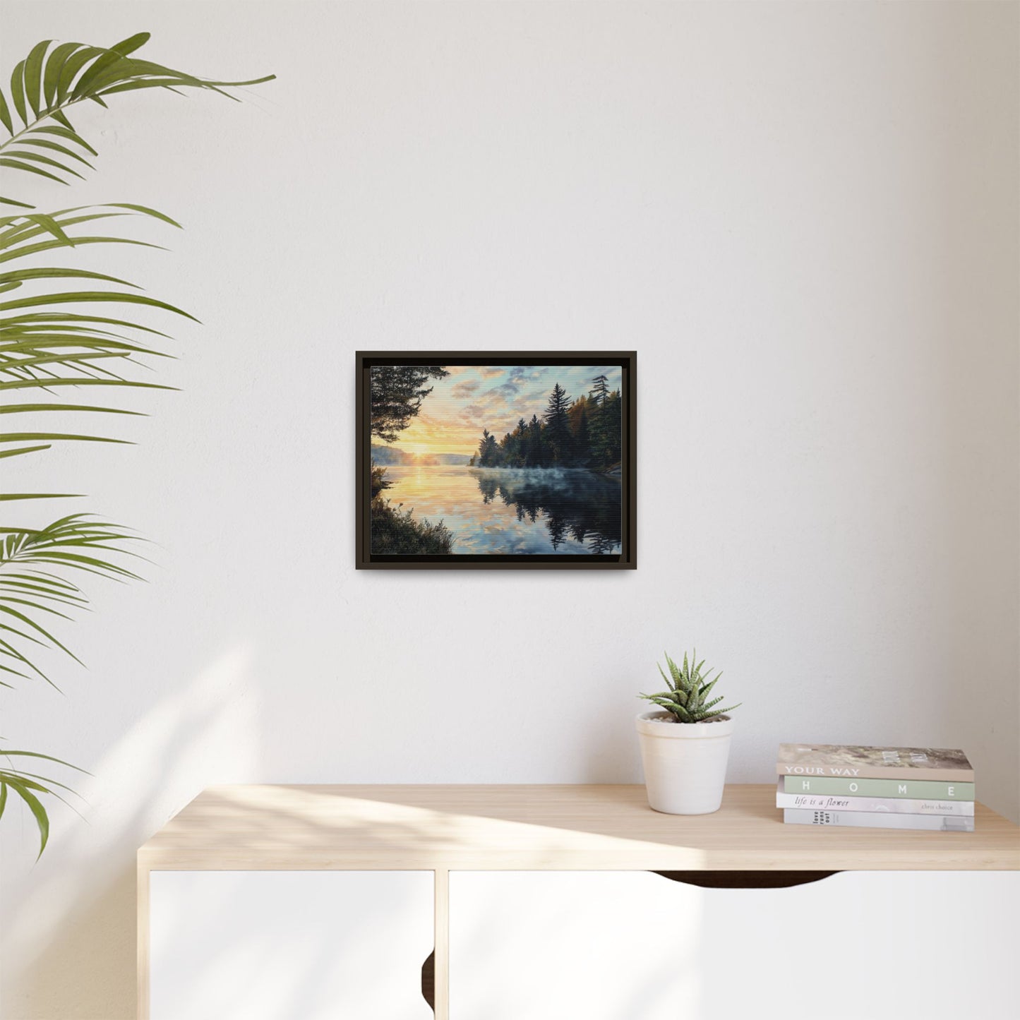 Sunrise Lake Framed Canvas Print — Forest Reflection Wall Art