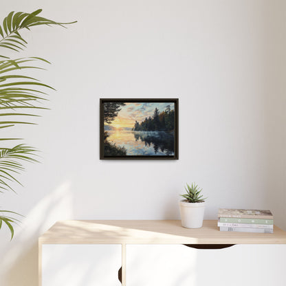 Sunrise Lake Framed Canvas Print — Forest Reflection Wall Art