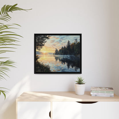 Sunrise Lake Framed Canvas Print — Forest Reflection Wall Art